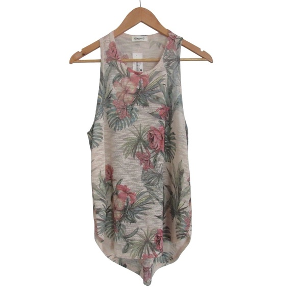 Ginger G Floral Rose Tank Top Size Large Beige Pink Round Hem Knit Lightweight - Picture 1 of 10